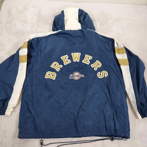 Vintage Pro Player Mens Jacket Milwaukee Brewers Large Windbreaker Zip Hood Y2K - Picture 1 of 20