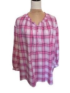 Maglione donna St Johns Bay 3X rosa a quadri cotone top contadino manica lunga - Foto 1 di 5