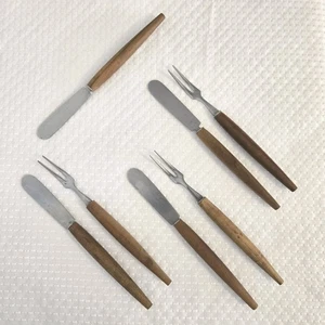 Vtg Teak Handled Serving Utensils 2 Prong Forks Spreding Knives Appetizers Olive - Picture 1 of 7