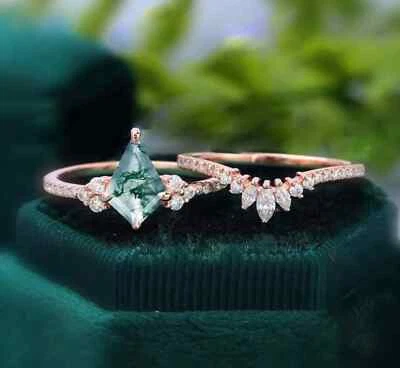 Anillo de boda de plata de ley 925 de ágata musgo verde natural corte cometa de 1,95 quilates Foto 1 de 3