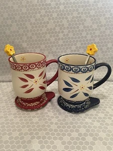 Temp-Tations By Tara Old World 16oz Mug Set Saucer/Spoon Blue/Red Hand Painted - Picture 1 of 13