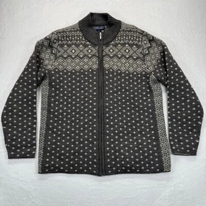 Lands' End Wool Fair Isle Full Zip Cardigan Sweater Nordic Gray Cream M - Picture 1 of 11