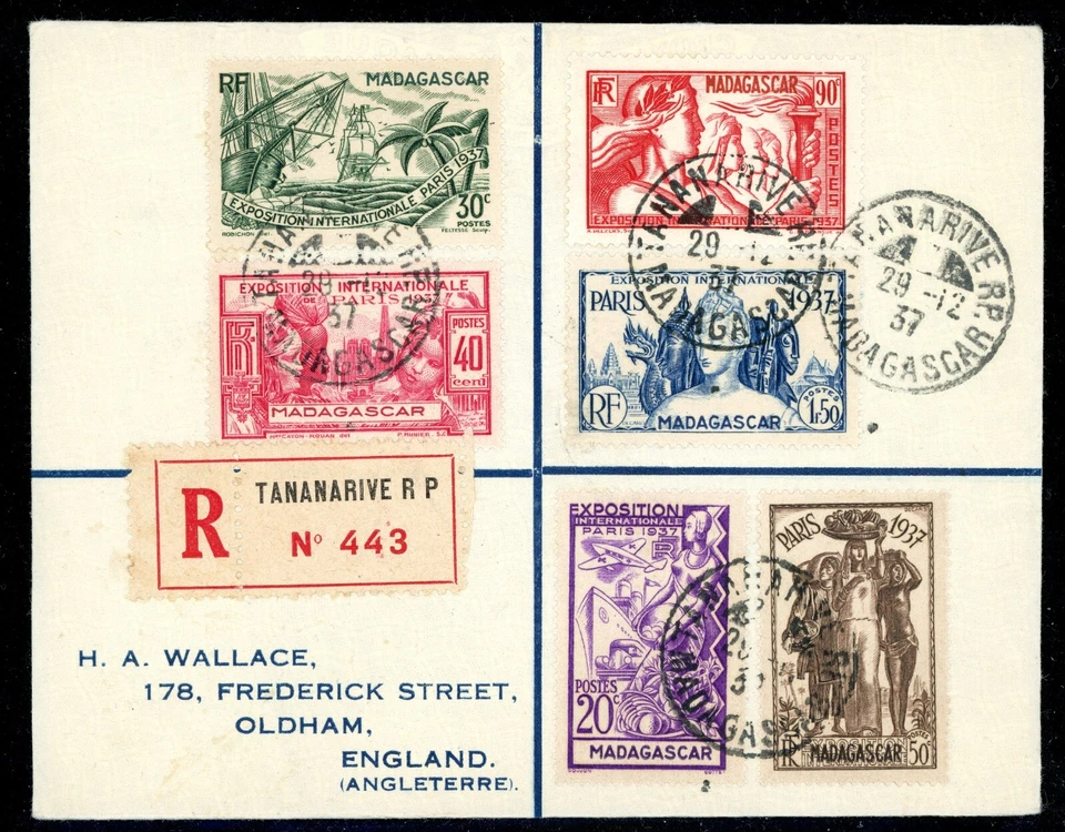 Франция 1937 Французский Мадагаскар Париж Экспо Зарегистрированная Обложка в Англию S628 - Изображение 1 из 4
