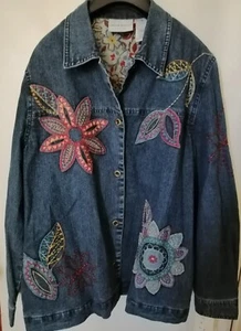 New Demin Jacket Lined Relax Fit Floral Embroidered Beads Women Size 10 - Picture 1 of 3