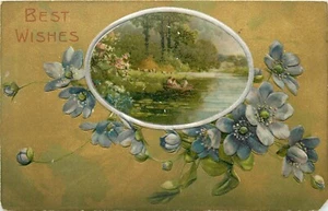 Beste Wünsche geprägtes Boot im See Postkarte - Bild 1 von 2