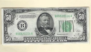 $50 Serie 1934 FRN Fr-2102-B Nueva York Papel moneda verde claro sello XF+ moneda - Imagen 1 de 2