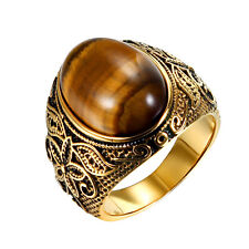 Men's Gold Plated Stainless Steel Patterned Tiger's Eye Stone Ring Band #7-12