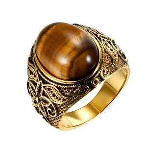 Men's Gold Plated Stainless Steel Patterned Tiger's Eye Stone Ring Band #7-12 - Picture 1 of 8