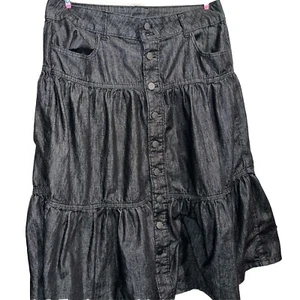 Sz 12 Time and Tru Womens Black Denim Jean Skirt Button Tiered Pockets Cowgirl - Picture 1 of 10