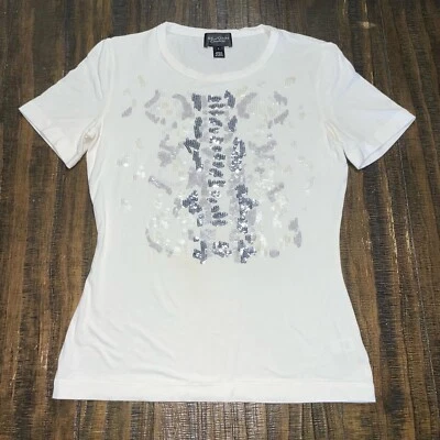 St John Couture Collection Top Women Small Short Sleeve Sequin White T-Shirt Tee - Image 1 of 4