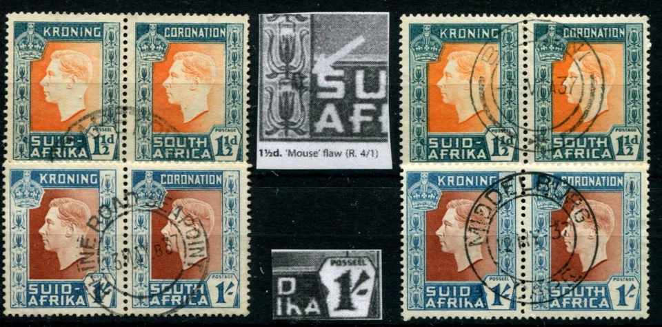 ÁFRICA DO SUL 1937 COROAÇÃO "FALHA DE RATO" WMKS ESQUERDA/DIREITA, 1/- HÍFEN OMITIDO - Imagem 1 de 1