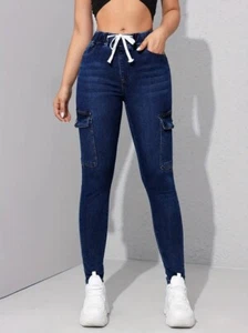 Drawstring Elastic Waist Washed Skinny Jeans, Slim Fit Flap Pockets Cargo Size M - Picture 1 of 6
