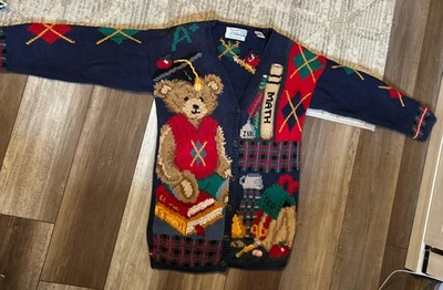 Signatures By Northern Isles Sweater Womens Medium School Bear Hand Knitted Navy - Image 1 of 4