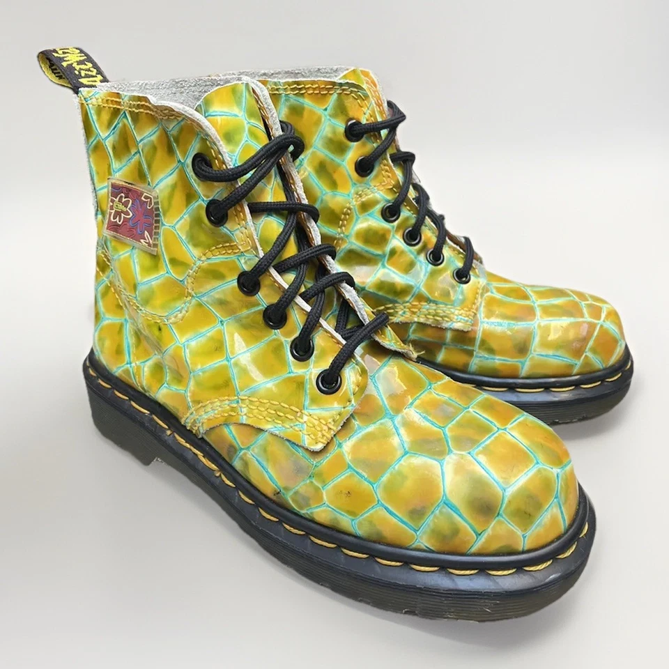 Botas de Combate De Colección Y2K Docs Dr Martens Amarillo Patente de Cocodrilo Hechas en Inglaterra 3UK Foto 1 de 4