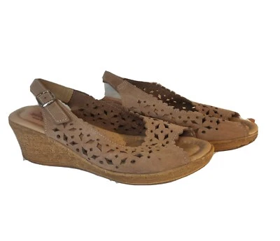 Spring Step S Wedge Sandals Peep Toe Laser Cut Size 7 Light Brown Suede.  AB - Image 1 of 4