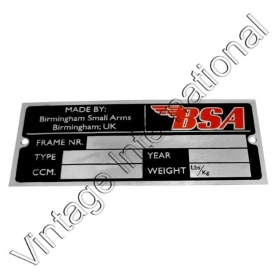 BSA DATA PLATE GOLD STAR BSA A50 A65 A75 SPITFIRE VICTOR ROCKET 3 New - Imagem 1 de 4