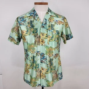 Vintage Asian Patterned Short Sleeve Floral Hawaiian Aqua Shirt Made in Hawaii - Picture 1 of 10