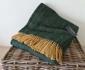 Herringbone Throw 100% Pure New Wool - Emerald Green & Mustard Sofa Bed Blanket - Picture 1 of 4