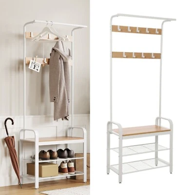 Garderobenständer Kleiderständer Schuhregal Metall mit Sitzfläche 9Haken HSR40W - Bild 1 von 4