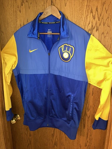 NIKE BSBL Milwaukee Brewers MLB Baseball Full Zip 2 Tone Jacket Size L  Blue/Ylw Cover