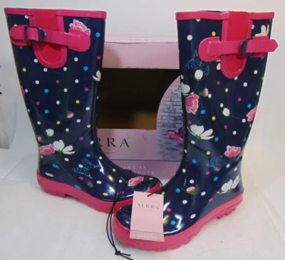 Botas de lluvia para mujer talla 8 mariposa lunares moda 13" de alto barro goma Serra Foto 1 de 4