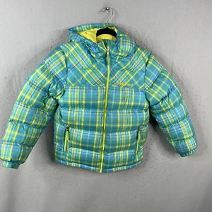 Marmot Coat Girls Large  Blue Yellow Plaid Hooded Jacket 650 Down Filled Puffer - Picture 1 of 16