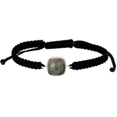 925 Sterling Silver Labradorite Gemstone Black Cord Macrame Bracelet - Image 1 of 2