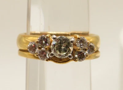14K YELLOW GOLD DIAMOND SOLITAIRE RING & WRAP w 6 RBC DIAMONDS - SIZE 6.75* - Image 1 of 4