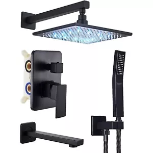 Bathroom 3-Way LED 12" Shower Faucet Set Tub Spout W/Hand Shower Matte Black - Picture 1 of 8