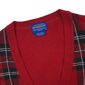 Mens M Pendleton Bright Red Holiday Plaid 100 % Wool Cardigan Sweater - Picture 1 of 10