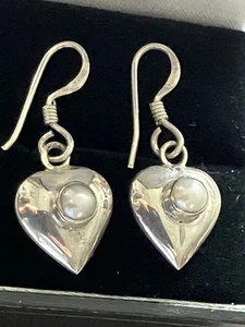 Sterling Silver 925 Solid Heart Earrings Set With Pearl Stones - Picture 1 of 9