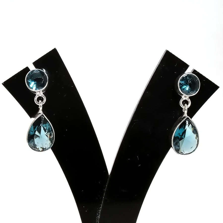 London Blue Topaz Gemstone 925 Sterling Silver Jewelry Stud Earring Size 1.20" - Image 1 of 1