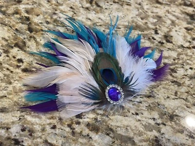 Fascinator Pluma Clip Natural Pavo Real Nupcial Teal Púrpura Foto Bronceado Foto utilería Foto 1 de 4