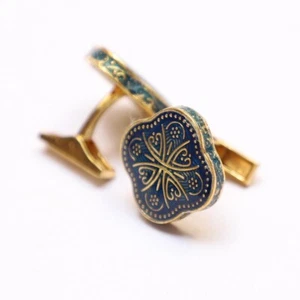 92.5 Sterling Silver Vintage Style Floral Blue Enamel Groomsmen Gold Cufflink - Picture 1 of 4