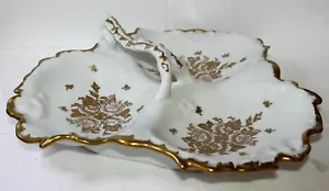 Limoges France 3 Sectional Handled Platter White Porcelain with Gold Roses RARE - Picture 1 of 11