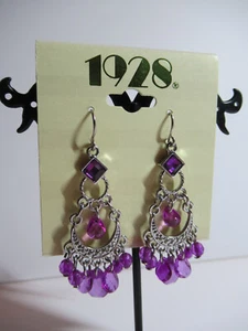 1928 New Chandelier Crescent Earrings, Purple Pink Silver Tone Dangle Dangly NWT - Picture 1 of 8