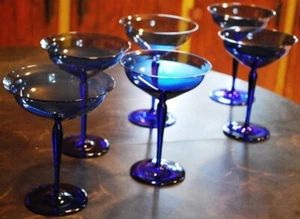 Vintage MCM Set 6 HAND BLOWN COBALT BLUE Champagne/Sherbet Glasses WIDE BELL TOP - Picture 1 of 16