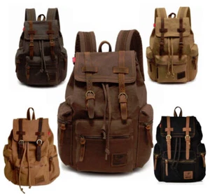 Unisex Vintage Leather Canvas Backpack College Work Business Rucksack 43*28*16CM - Picture 1 of 10