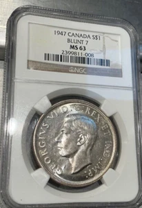 1947 $1 SILVER DOLLAR GEORGE VI CANADA NGC MS63 BLUNT-7 RARE - Bild 1 von 2