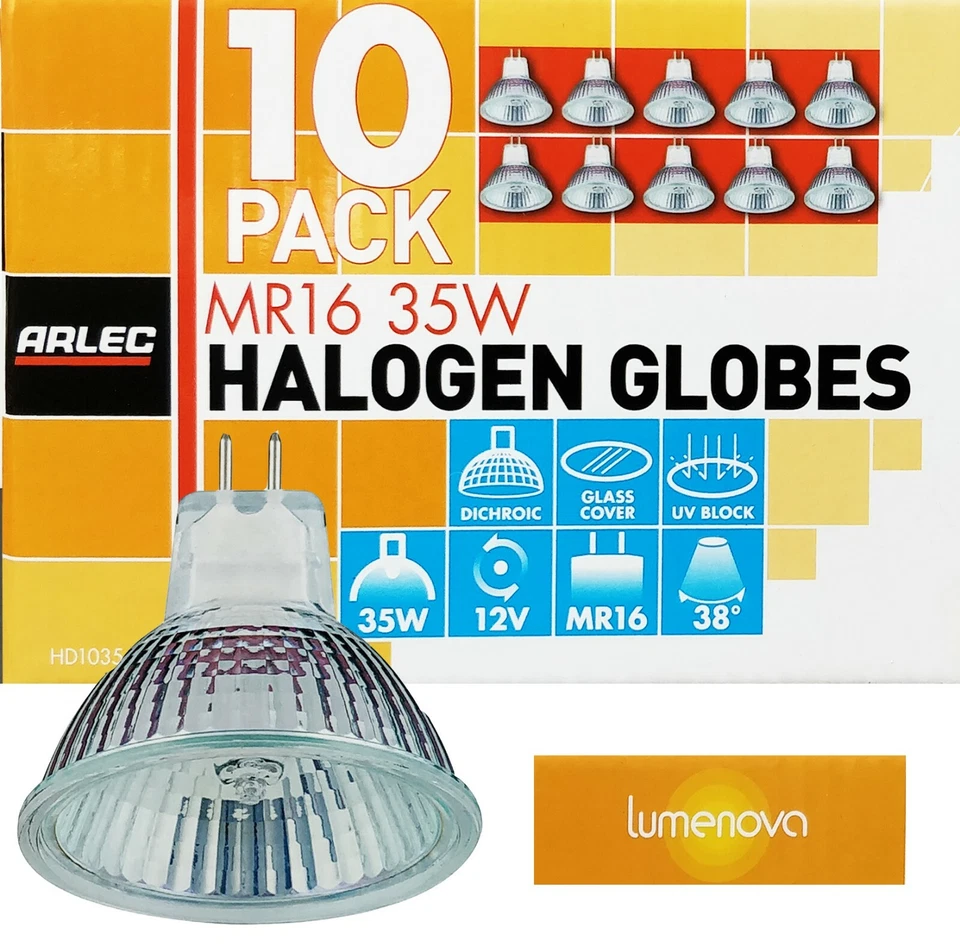 10 x 12V 35W MR16 Gu5.3 Halogen Light Lamp Globes Bulbs 38 Degree Beam Dimmable - Image 1 of 1