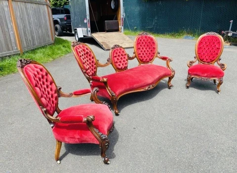 Antique Walnut Red Velvet Parlor Set Sofa Chairs Victorian Cameo Tufted Carved Cover