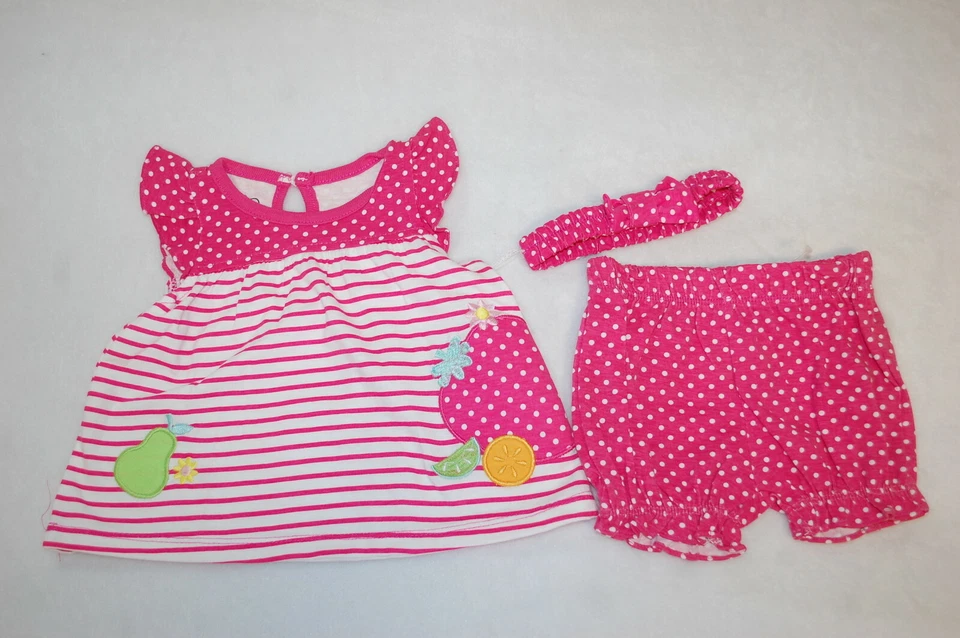 Bebé Niñas Conjunto VESTIDO ROSA A RAYAS con Diadema FRUTA Lunares Florers 0-3 MO Foto 1 de 1
