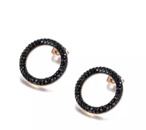 Rose Gold Circular Earrings With Black Austrian Crystals - Picture 1 of 4