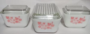 Vtg PYREX Pink Gooseberry Refrigerator Set  (1) #502; (2) #501  All With Lids - Picture 1 of 9