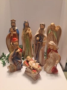 7-Pc 10 " Hand-Painted Ceramic Nativity Set Baby, Mary, Joseph, angel &wise Men - Picture 1 of 8