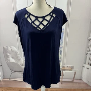 New York & Company Damen XL Kreuz Detail V-Ausschnitt Top Blau Bluse NY&C - Bild 1 von 6
