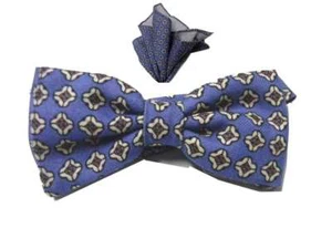 Papion lana azzurro celeste motivi panna beige e completo fazzoletto da giacca - Picture 1 of 9