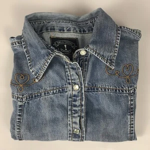Vintage Western Denim Pearl Snap Shirt - Womens Size Large - Embroidered Hearts - Picture 1 of 9