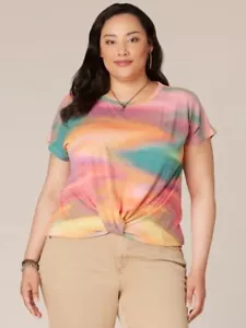 Democracy Womens Short Sleeve Scoop Neck Ombre Print Twist Front Hem Knit Top XL - Picture 1 of 22