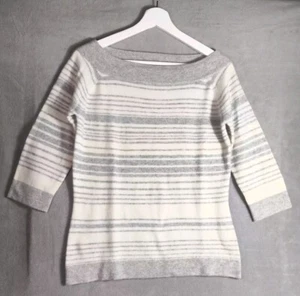 Autógrafo Cachemira Pura Cuello Barco Crema y Gris Rayas Jersey UK12 Manga 3/4 - Imagen 1 de 8
